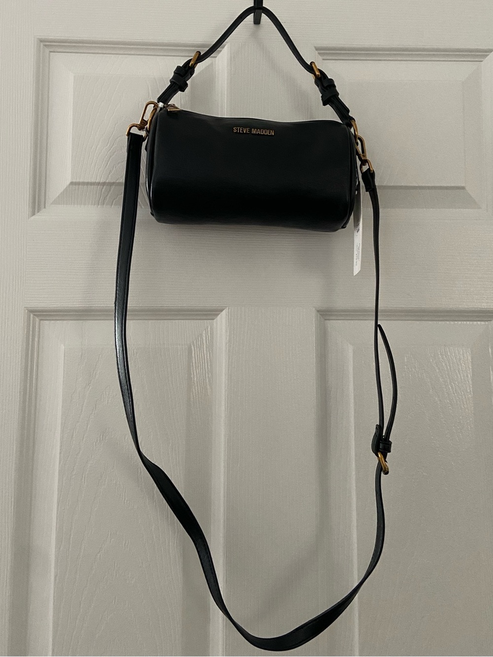 Steve Madden Black Barrel Crossbody with Gold Hardware